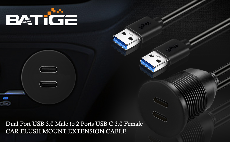 BATIGE Dual Port USB 3.0 Male to 2 Ports Type C 3.0 Female Car Flush Mount Cable banner