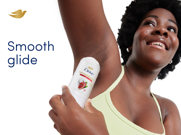 Smiling woman in tank top applying antiperspirant next to text that reads: Smooth glide.