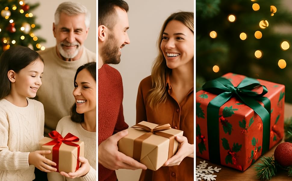 Series of warm-toned holiday photographs showing people exchanging wrapped gifts decorated in red and green, set against festive lighting backgrounds.