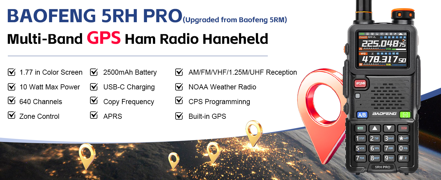 Baofeng 5RH PRO 10 watt GPS multi band ham radio