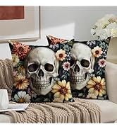 THISFIND Skull and Floral Linen Pillowcases Set - 2-Pack Decorative Throw Pillow Covers with Skul...