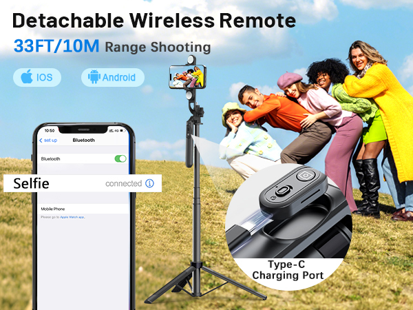 selfie stick for iphone, phone tripod stand with detachable wireless remote