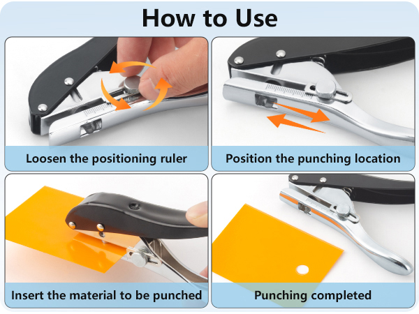 Loosen the positioning ruler,Position the punching location,Insert the material to be punched