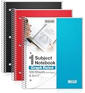 Dunwell Graph Paper Notebook 8.5 x 11 (3-Pack Red Blue Black) Plastic Cover, 100 Sheets (200 Page...