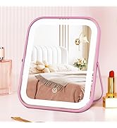 YEKKOPT Pink Rechargeable Vanity Mirror with Lights, LED Makeup Mirror, 10"×8" Lighted Makeup Mir...