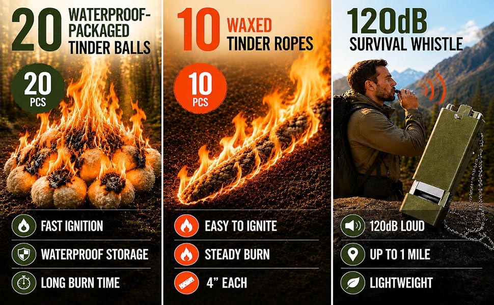 Balls: Fast/Waterproof/Long Burn; Ropes: Easy Burn; Whistle: 120dB/Light