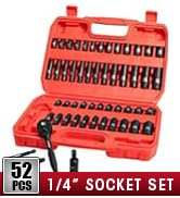 LLNDEI 1/4”Drive Impact Socket Set, 52 PCS Mechanic Tool Set with 72-Tooth Ratchet &amp; Adapter, CR-...