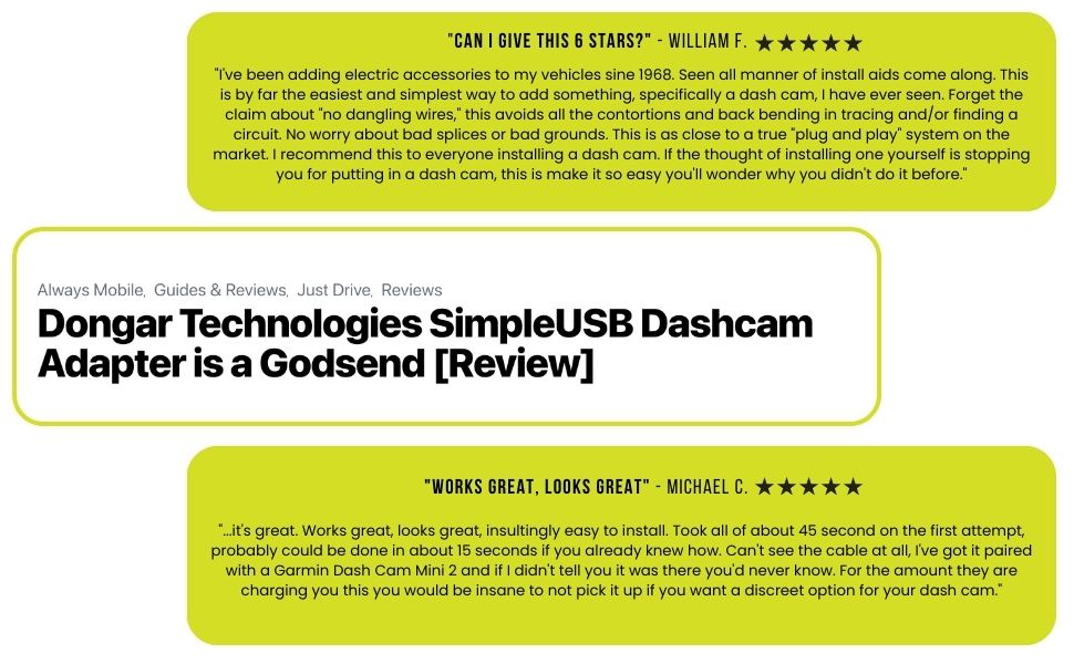 Dongar Technologies Dash Cam Power Adapters 5 Star Reviews