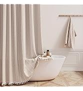BTTN Boho Farmhouse Shower Curtain, Linen Rustic Heavy Duty Striped Fabric Curtain Set with Tasse...