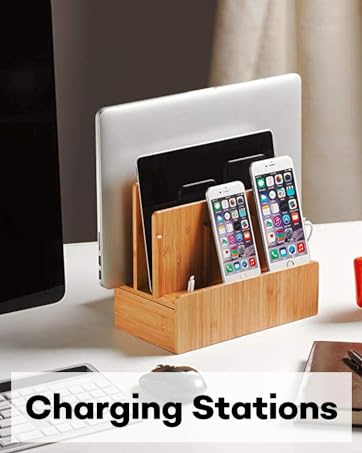 Charging station on background bamboo designed device holder and hub. Text saying Charging Stations