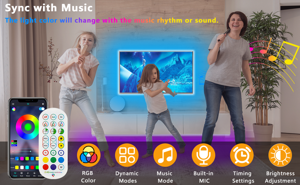 Music sync led strip lights with remote app control