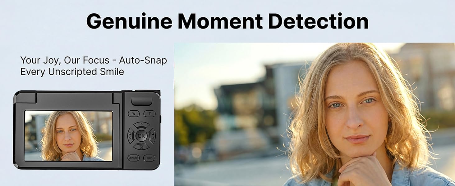 Text reads 'Genuine Moment Detection', 'Every Unscripted Smile', 'Your Joy, Our Focus', 'Auto-Snap'. Series of outdoor photography samples demonstrating camera features.