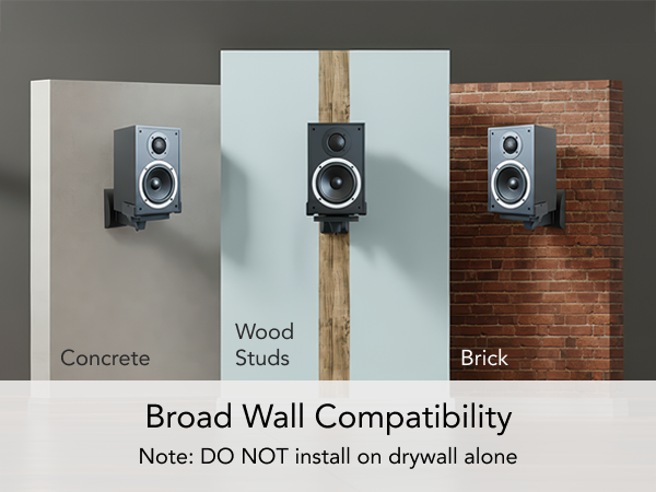 Speaker wall mount installed on drywall, concrete, and brick wall surfaces.