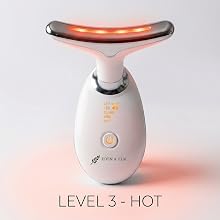 LED skincare device glowing red, labeled Level 3 Hot mode