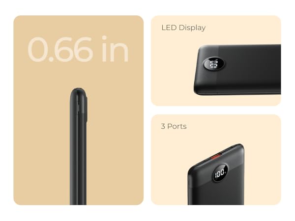 the power bank is equipped with 3 ports and 1 led display. also it is very slim.