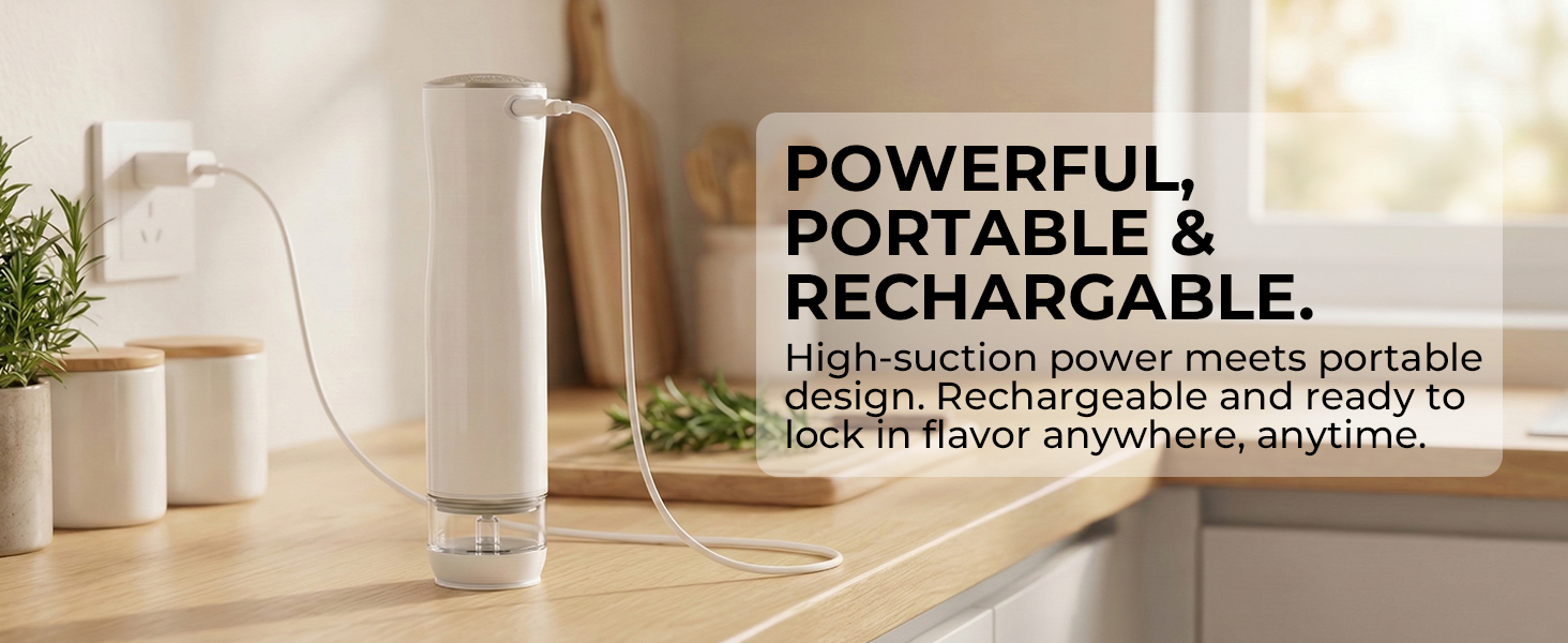 Rechargeable cordless vacuum sealer with fast Type-C charging for kitchen or travel use.