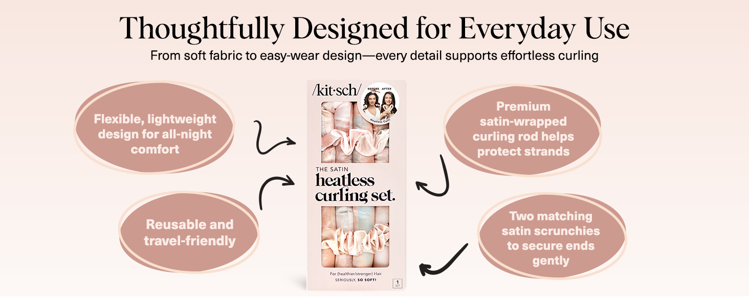 Kitsch Satin Heatless Curling Set eatless Hair Curler for Wome In Satin Scrunchies Sunset