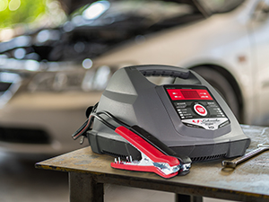 Car battery charger with reverse polarity protection, which prevents damage if clamps are reversed.