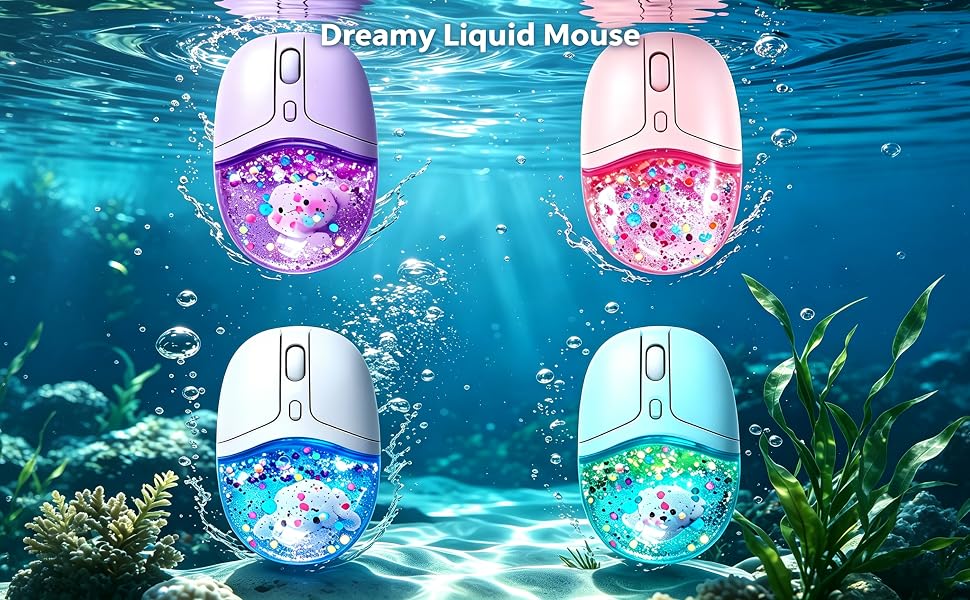 Wireless Bluetooth Mouse, Pink Clear Aqua Water Glitter Liquid Sand Transparent Silent