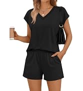 Fisoew 2 Piece Short Sets for Women Lounge Set Casual Outfits V Neck Cap Short Sleeve Tops Matchi...