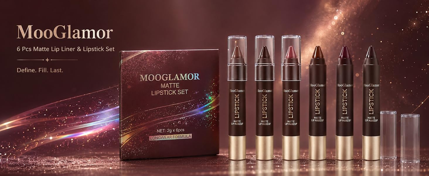 MooGlamor 6 Pcs Matte Lip Liner &amp;amp; Lipstick Set