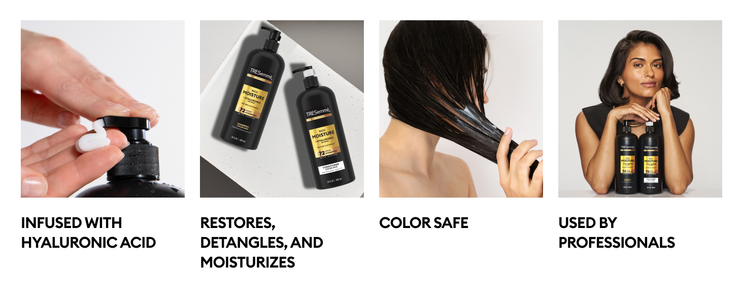 4 images: hand pumping bottle, 2 bottles, woman touching her hair, woman with products.