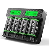 HiQuick Rechargeable D Batteries with Charger, 4 Bay Universal Battery Charger with Built-in Cabl...