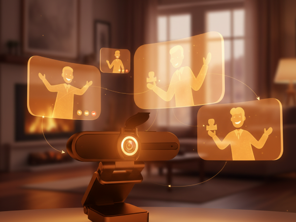 Transparent screens with stylized figures in a virtual meeting, against a blurred cozy room.
