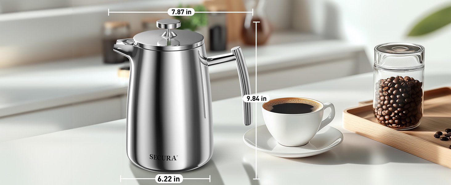 7.87 inch length, 9.84 inch height, 6.22 inch width size of french press