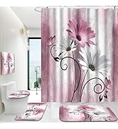 Onalasyc 4PCS Pink Daisy Flowers Butterfly Shower Curtain Set with Shower Curtain and Carpet and ...