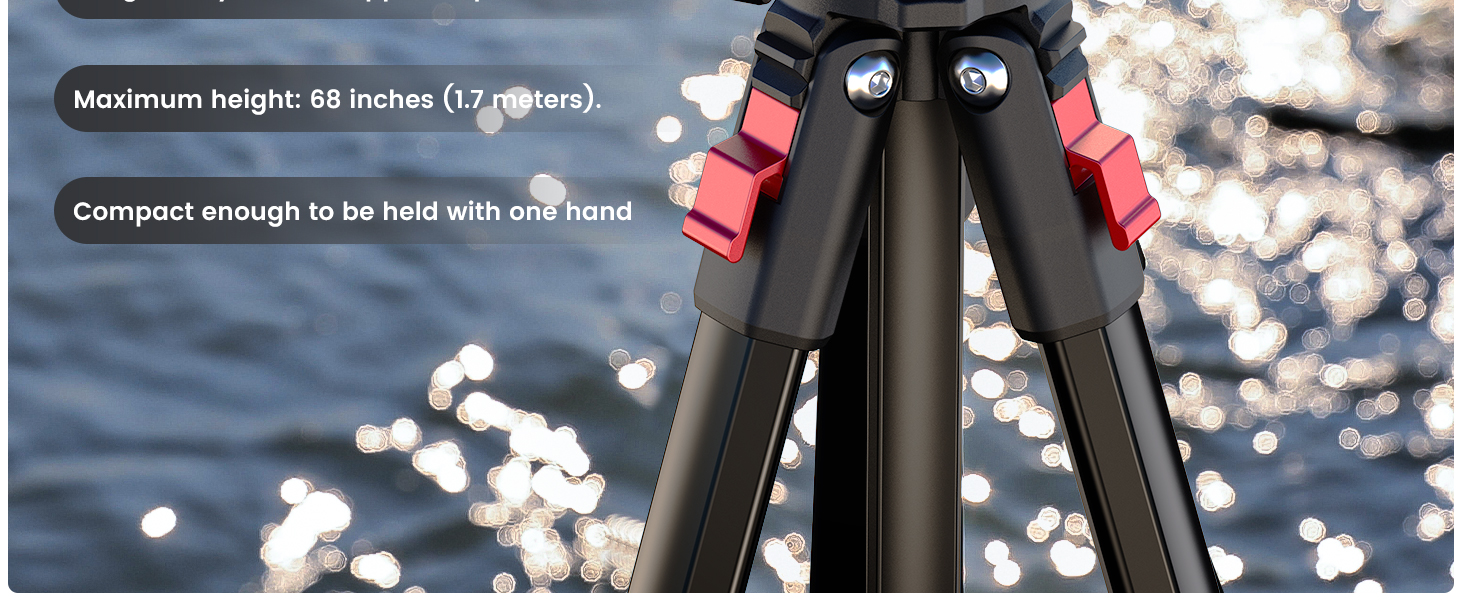 Ball head tripod, maximum height: 68 inches (1.7 meters).