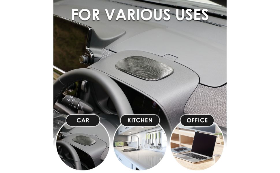 Reusable sticky car pad grips tightly to smooth surfaces. Wash with soap to restore stickiness.