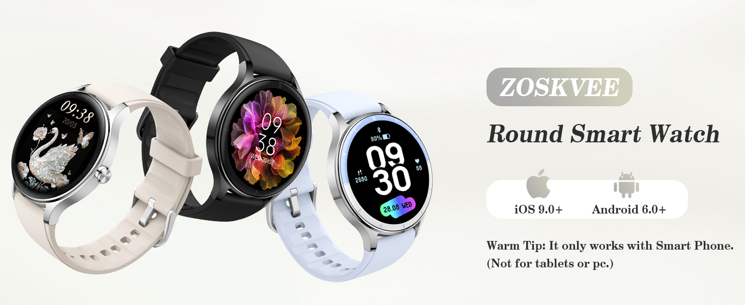 Text reads 'ZOSKVER Round Smart Watch' and 'Warm Tips: body works with Smart Phone, (Not for tablet+pc go)'. Multiple views of smartwatch displaying different digital watch faces.