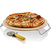 OVENTE Ceramic Flat 13 Inch Pizza Stone Set with Crust Cutter Wheel &amp; Metal Rack/Handle, Compact ...