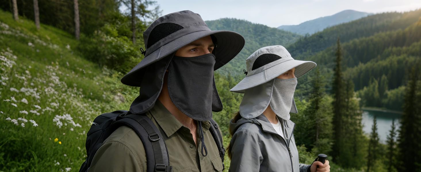 Hiking pair with sun hats: Man (gray), woman (light gray). Poles, lake/hills. Adventure gear.