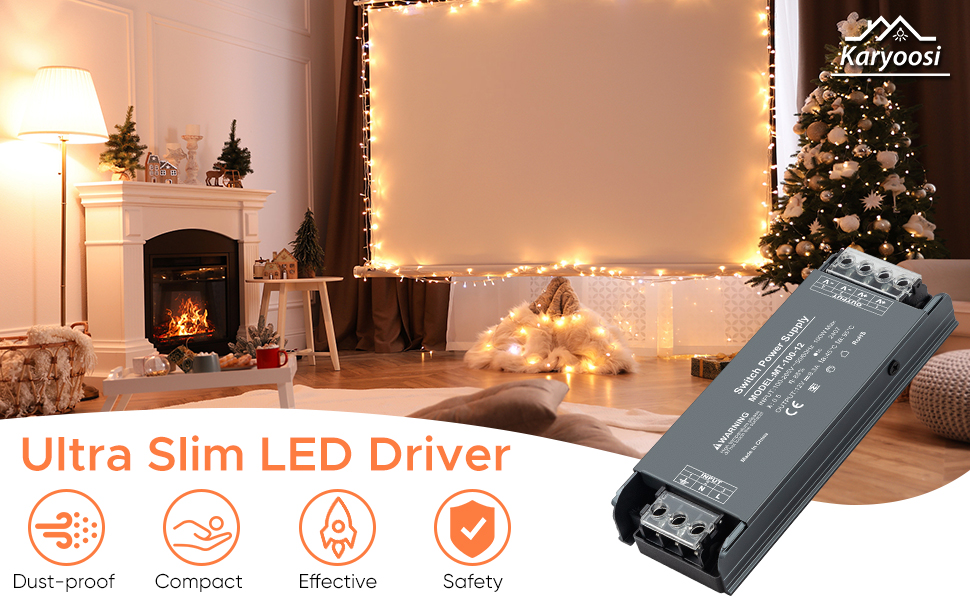 Ultra slim LED driver unit shown in black casing with dustproof and compact features, displayed against a cozy Christmas-decorated living room background.