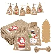 G2PLUS Christmas Drawstring Burlap Gift Bags, 24 Pack Christmas Advent Calendar Bags, 8 Designs C...