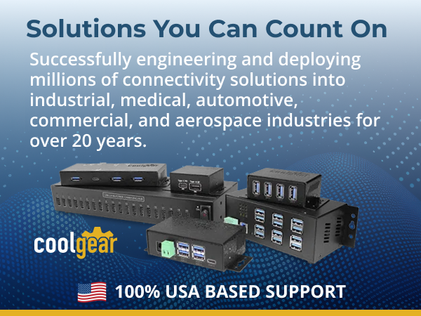 Coolgear industrial USB hubs and charging devices showcased with messaging about USA-based support