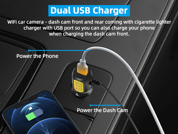 Dual USB charger for car, powering a dash cam and phone. Yellow adapter plugged into cigarette lighter socket with two cables.