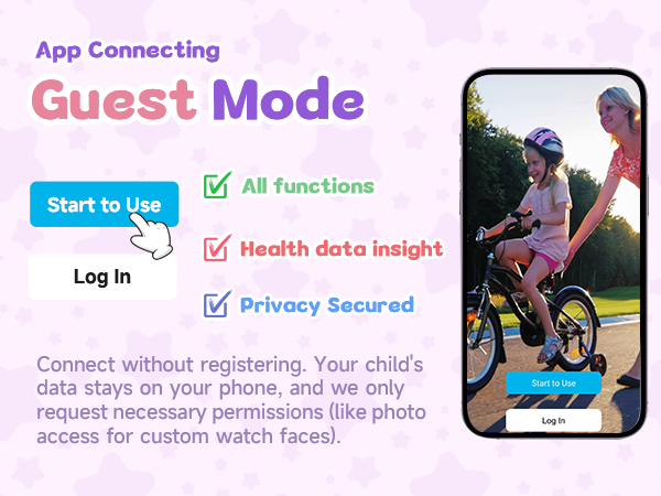 Mobile app interface for 'Guest Mode' featuring a start button, functions list, and an image of a child riding a bicycle with an adult. Highlights privacy and health data features.