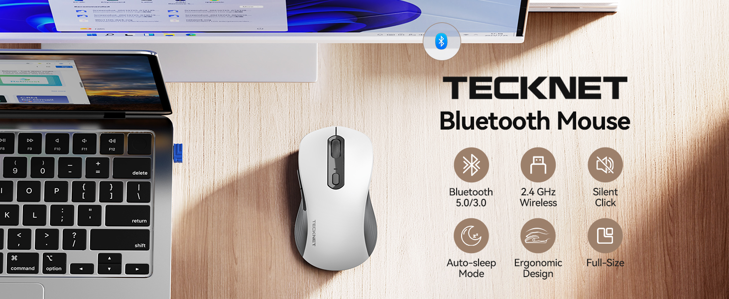 Text reads 'TECKNET', 'Bluetooth Mouse'. Product showcase of wireless mouse with multiple angles and feature callouts.