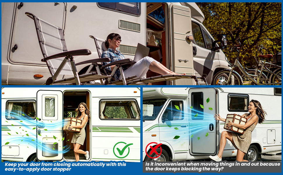 RV magnetic door catch holding a camper door open for loading and outdoor use
