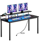 Need 60 inch Computer Desk with LED Lights &amp; Power Outlets, Large Home Desk with Monitor Shelf, W...