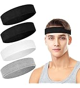 4 Pack Headbands for Men, Sweat Bands Headbands Men &amp; Women, Cotton Terry Sweat Bands for Tennis,...