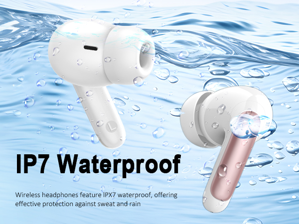 White wireless earbuds shown in water with droplets, demonstrating IP7 waterproof rating. Product features water protection against sweat and rain.
