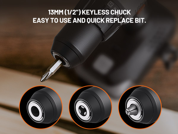 13mm keyless chuck drill bit attachment shown in three detailed circular views demonstrating quick-replace functionality.