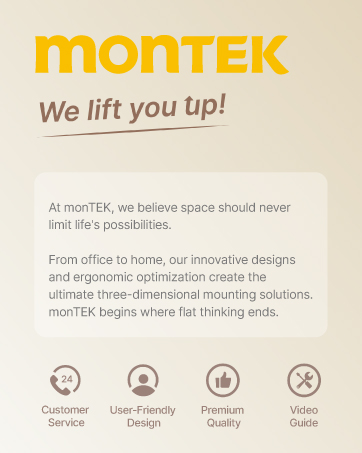 Text reads 'MONTEK' and 'We lift you up!' Brand website section showing four circular icons representing different service features with minimal design aesthetic.