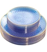 Rubtlamp 60Pcs Clear Blue Plastic Plates,Hammered Blue Plates,Blue Disposable Plates With Gold Ri...