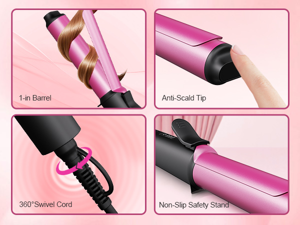 1-in barrel for natural curls ,Anti-Scald Tip , 360°Swivel Cord ,Non-Slip Safety Stand