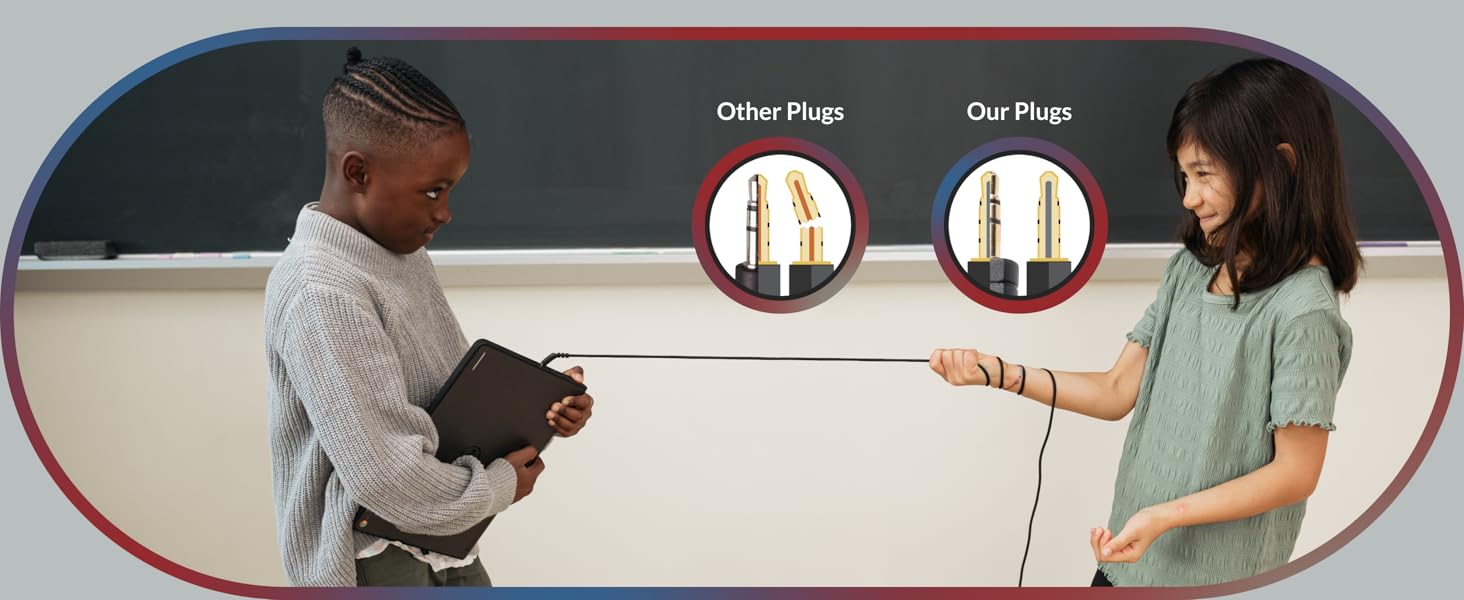 Two children testing the reinforced connection durability of Cyber Acoustics headsets